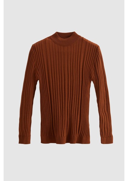 Slim Fit Tarçın Fitilli Pamuk Karışımlı Yarım Balıkçı Dar Kesim Vücudu Saran Triko Kazak 5HF06ORT64100