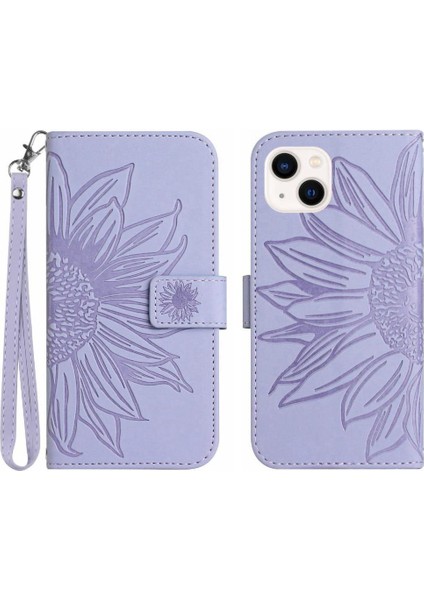 Iphone 13 Için Kılıf Lüks Pu Deri Kabartmalı Ayçiçeği Kısa Kayış ile (Yurt Dışından)