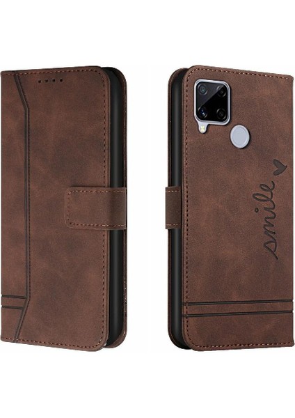 Realme C15 Manyetik Kapatma Kart Yuvaları Için Telefon Kılıfı Kapak El Kayışı Pu (Yurt Dışından)