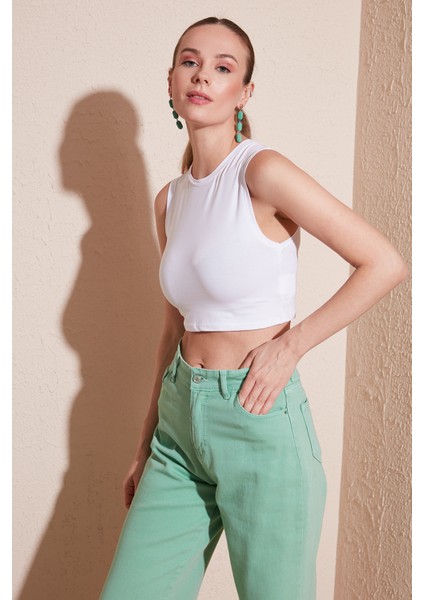 Pamuklu Bisiklet Yaka Dar Kesim Crop Atlet Bayan Atlet 5865259