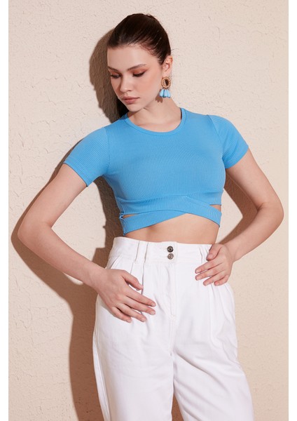 Fitilli Bel Detaylı Kısa Kollu Dar Kesim Crop Bluz Bayan Bluz 5864211