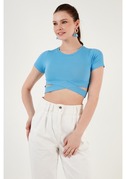 Fitilli Bel Detaylı Kısa Kollu Dar Kesim Crop Bluz Bayan Bluz 5864211