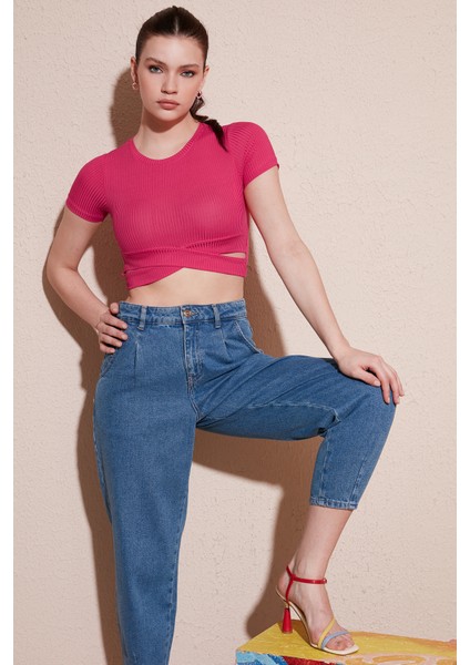 Fitilli Bel Detaylı Kısa Kollu Dar Kesim Crop Bluz Bayan Bluz 5864211