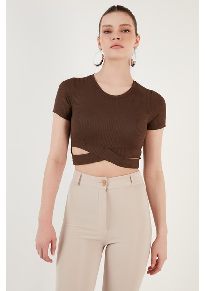 Fitilli Bel Detaylı Kısa Kollu Dar Kesim Crop Bluz Bayan Bluz 5864211 modelleri