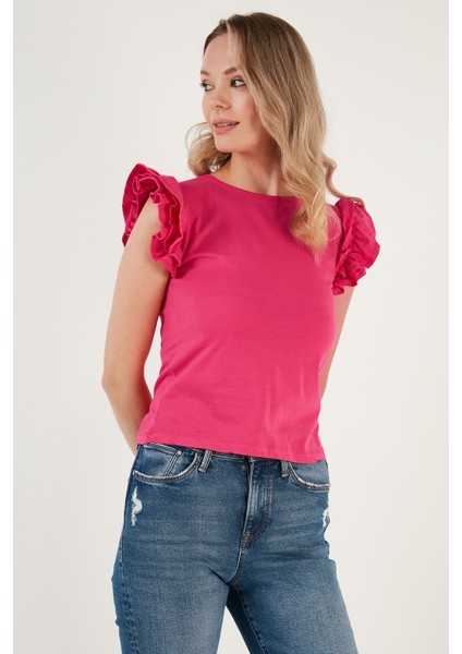 Pamuklu Kolları Fırfırlı Slim Fit Bisiklet Yaka T Shirt Bayan T Shirt 5864500