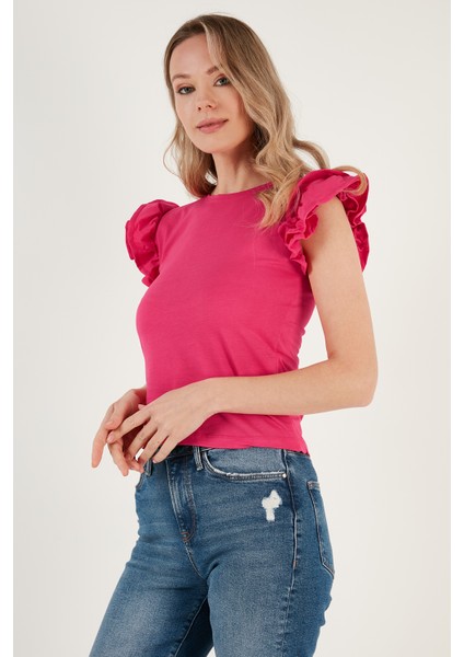 Pamuklu Kolları Fırfırlı Slim Fit Bisiklet Yaka T Shirt Bayan T Shirt 5864500 fiyatları