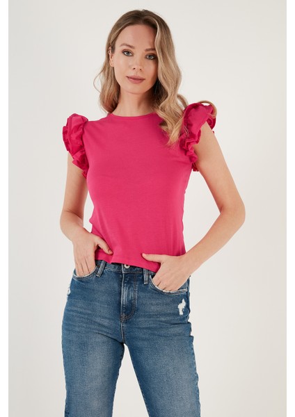 Pamuklu Kolları Fırfırlı Slim Fit Bisiklet Yaka T Shirt Bayan T Shirt 5864500 fırsatları