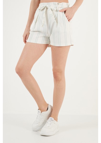 Çizgili Belden Bağlamalı Cepli Dar Kesim Kısa Şort Bayan Şort 5865261 fiyatları