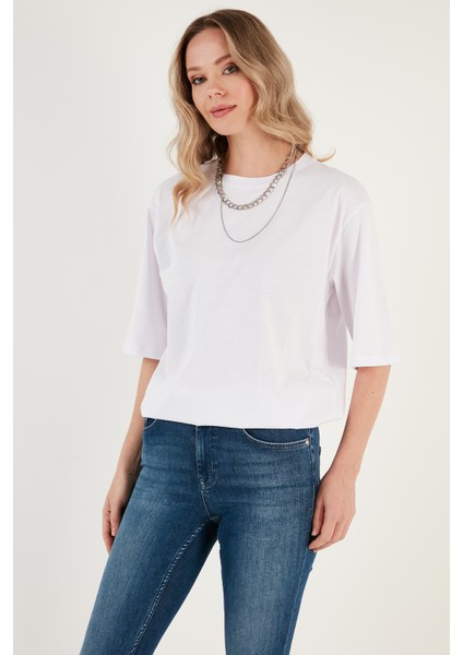 Pamuklu Oversize Bisiklet Yaka T Shirt Bayan T Shirt 5864562