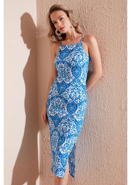 Ip Askılı Fitted-Vücuda Oturan Yırtmaçlı Midi Elbise Bayan Elbise 5865573