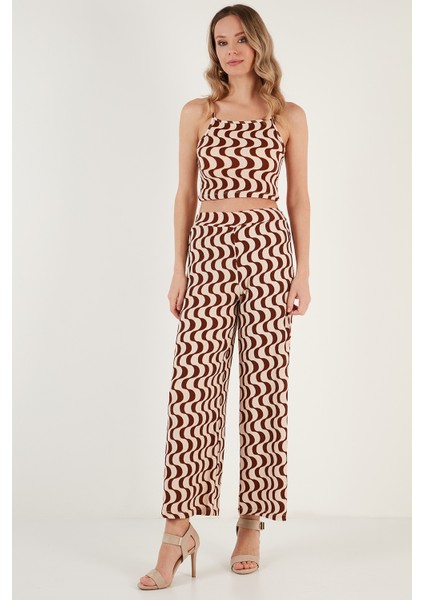 Desenli Beli Lastikli Bol Paça Pantolon Bayan Pantolon 5865603