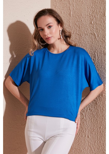 Bisiklet Yaka Oversize Esnek Dokulu Bluz Bayan Bluz 5864528