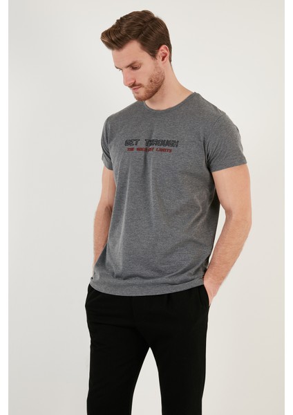 Basklı Bisiklet Yaka % 100 Pamuklu Slim Fit T Shirt Erkek T Shirt 541GET