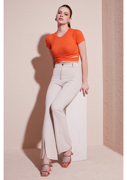 Fitilli Bel Detaylı Kısa Kollu Dar Kesim Crop Bluz Bayan Bluz 5864211