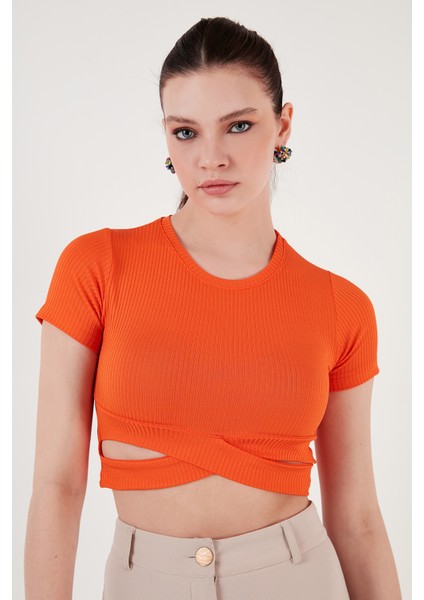 Fitilli Bel Detaylı Kısa Kollu Dar Kesim Crop Bluz Bayan Bluz 5864211