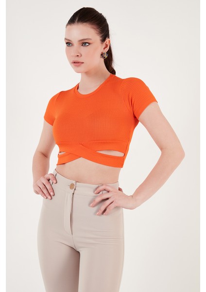 Fitilli Bel Detaylı Kısa Kollu Dar Kesim Crop Bluz Bayan Bluz 5864211