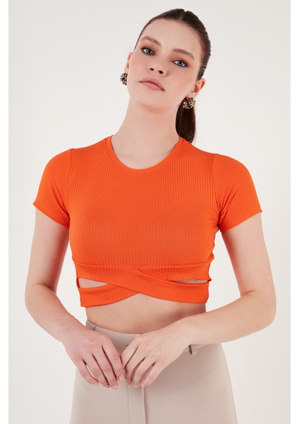 Fitilli Bel Detaylı Kısa Kollu Dar Kesim Crop Bluz Bayan Bluz 5864211