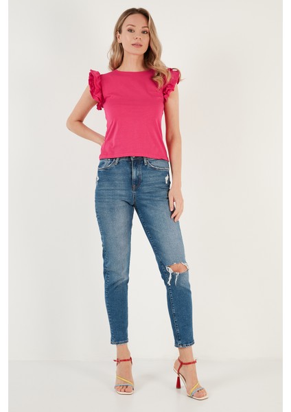 Pamuklu Kolları Fırfırlı Slim Fit Bisiklet Yaka T Shirt Bayan T Shirt 5864500