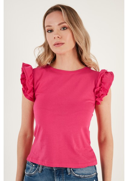 Pamuklu Kolları Fırfırlı Slim Fit Bisiklet Yaka T Shirt Bayan T Shirt 5864500