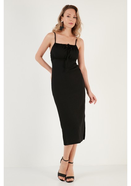 Önü Büzgülü Ip Askılı Yırtmaçlı Fitted Midi Elbise Bayan Elbise 5865362 modelleri