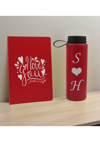 Sevgiliye Özel Isimli Kırmızı Defter ve Cam Matara Hediye Seti-8, Sevgiliye Hediye, Sevgililer Günü, Yeni iş hediyesi