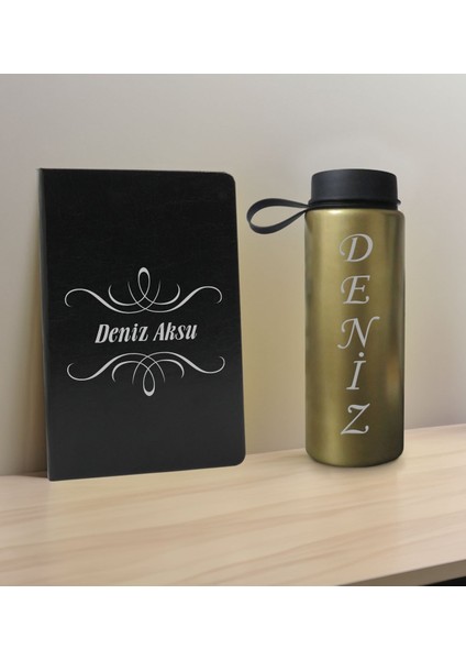 Kişiye Özel Isimli Siyah Defter ve Gold Cam Matara Hediye Seti-7, Sevgiliye Hediye, Arkadaşa Hediye, Yeni Iş Hediyesi