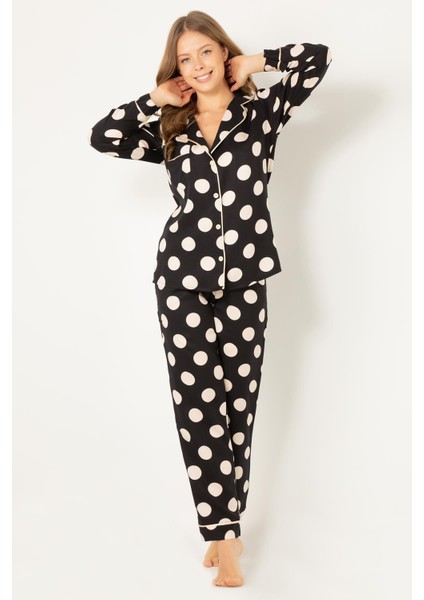 Puantiyeli Doğal Viskon Soft Yumuşak Düğmeli Pijama Takımı