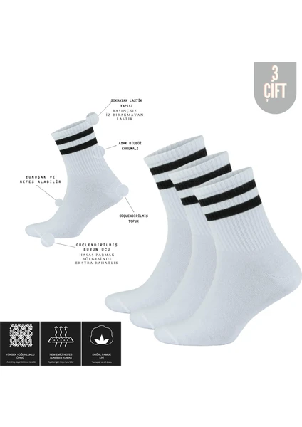 Kral Socks  Erkek Kadın (3 Çift) Çizgili Kolej Tenis Çorabı Pamuklu Terletmez Çorap