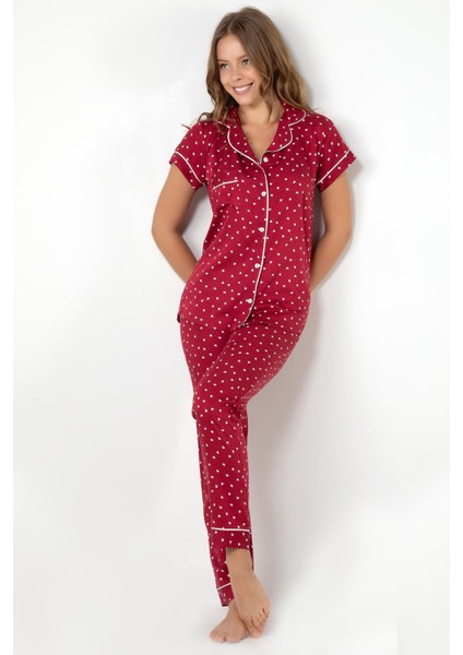 Burgundy Heart Kısa Kollu Pijama Takımı