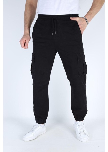 Erkek Paça Ve Beli Lastikli Keten Pantolon Siyah