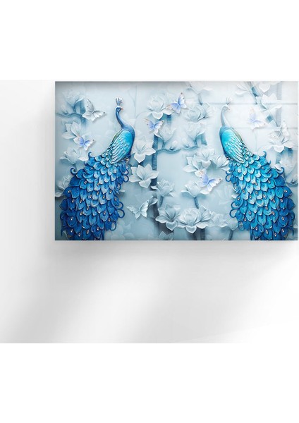 Mavi Tavus Kuşları Temperli Cam Duvar Tablosu