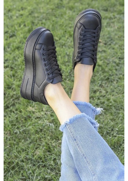 Tomiross-Carol Kadın Siyah Siyah Poli Taban Bağcıklı Spor Sneaker Ayakkabı CRL-2810