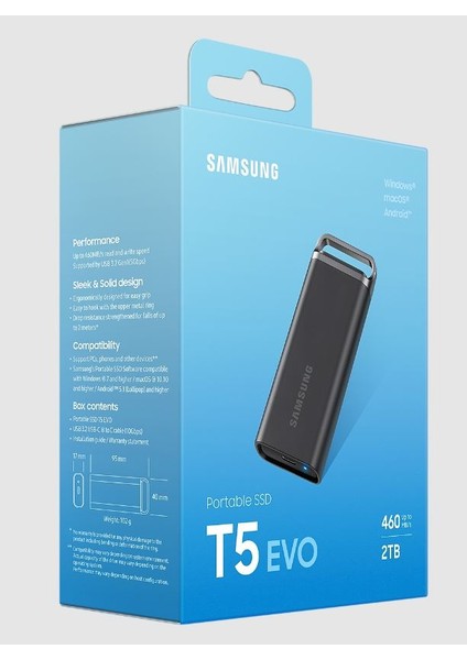 T5 Evo 2tb MU-PH2T0S/WW 460MB/SN USB 3.2 Harici SSD Siyah 3 Yıl Samsung Turkıye Garantili