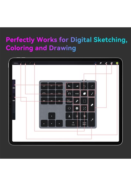 Arkadan Aydınlatmalı Procreate Sayısal Tuş Takımı ile Bluetooth Tuş Takımı Grafik Tabletler Için Şarj Edilebilir Klavye Çizim Kısayolları-A (Yurt Dışından)