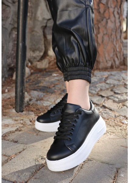 Tomiross-Carol Kadın Siyah Beyaz Poli Taban Bağcıklı Spor Sneaker Ayakkabı CRL-2810