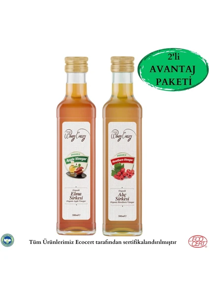 Organic Windy Valley Organik Elma- Alıç Sirkesi 2'li Avantaj Paketi Ecocert Sertifikalı (500ML+500ML)KATKISIZ Doğal Fermente