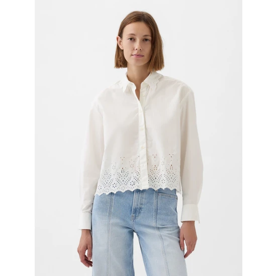 Gap Kadın Kırık Beyaz Fisto Işlemeli Crop Gömlek