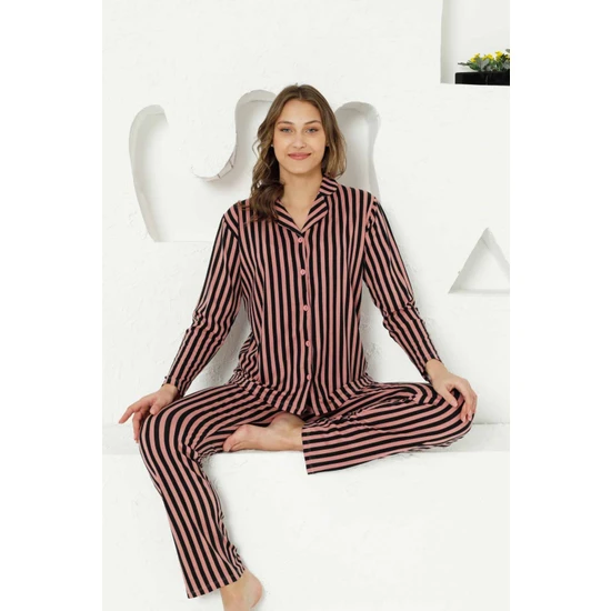 Farya Home Likralı Pamuklu Çizgili Uzun Kollu Gömlek Pijama Takımı