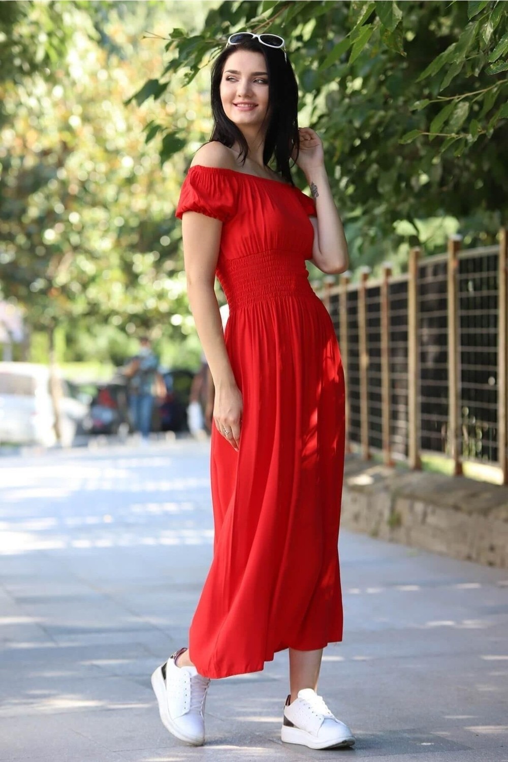 Modayız Kadın Madonna Yaka Gipeli Kırmızı Yazlık Uzun Elbise 12A-5072 görsel 6