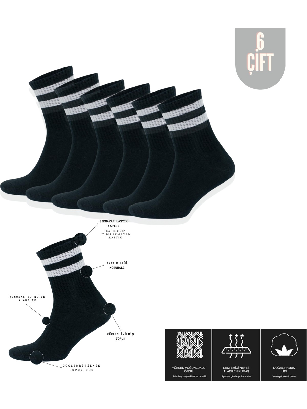 Kral Socks Lüx Kral Lüx Kralerkek Kadın (6 Çift) Çizgili Kolej Tenis Çorabı Pamuklu Terletmez Çorap - Görsel 4