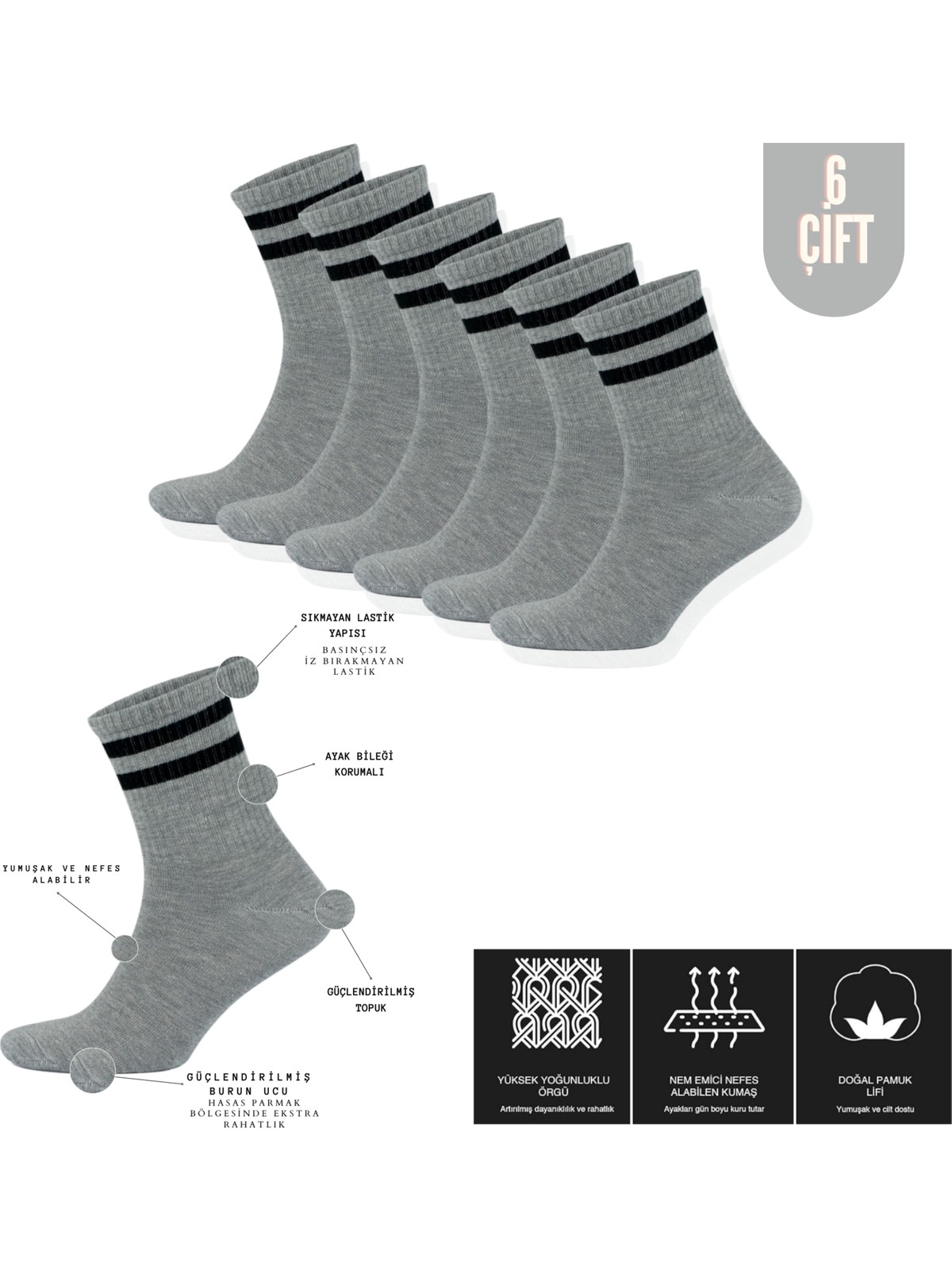 Kral Socks Lüx Kral Lüx Kralerkek Kadın (6 Çift) Çizgili Kolej Tenis Çorabı Pamuklu Terletmez Çorap - Görsel 5