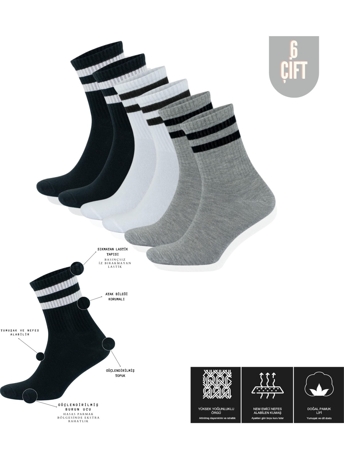 Kral Socks Lüx Kral Lüx Kralerkek Kadın (6 Çift) Çizgili Kolej Tenis Çorabı Pamuklu Terletmez Çorap - Görsel 6