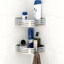 Tekno-tel Teknotel Paslanmaz Kancalı Banyo Köşe Rafı Parlak + Ahşap Desenli Taban BK269H