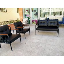 Garden House Siyah Deri 2+1+1  Bahçe Mobilyası-Ofis Koltuğu- Çay Seti - Bekleme Koltuğu