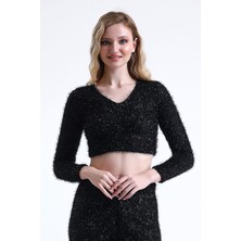 Sense Simli Sakallı Abiye Crop Bluz | BLZ35283 Siyah