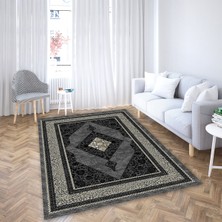 Armolin Halı Siyah Gri Nakış Desenli Kadife Görünümlü Lastikli Halı Örtüsü (Süngersiz) SZZ-1144