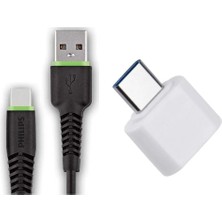 Philips Usba To Type-C Hızlı Data ve Şarj Kablosu 1.2m Siyah + Schitec Type-C To Usba 3.0 Dönüştürücü Adaptör