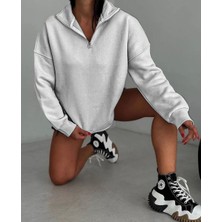 Tarz Yeri Kadın Yarım Fermuarlı Üç Iplik Sweatshirt - Gri