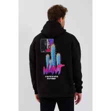 Tarz Yeri Erkek Baskılı Üç Iplik Kapüşonlu Oversize Sweatshirt - Siyah
