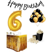 Parti Furyası 6 Yaş Gold-Siyah  Balon Rakam Folyolu Banner Mısır Kutusu Masa Eteği Doğum Günü Parti Seti